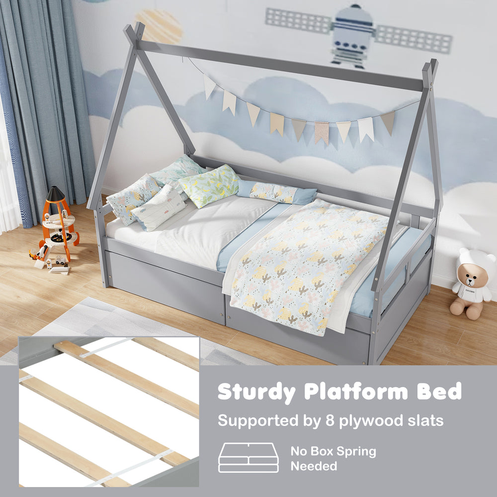 Twin size house bed in gray with roof, safety guardrail, and spacious drawers for kids' storage and decoration.
