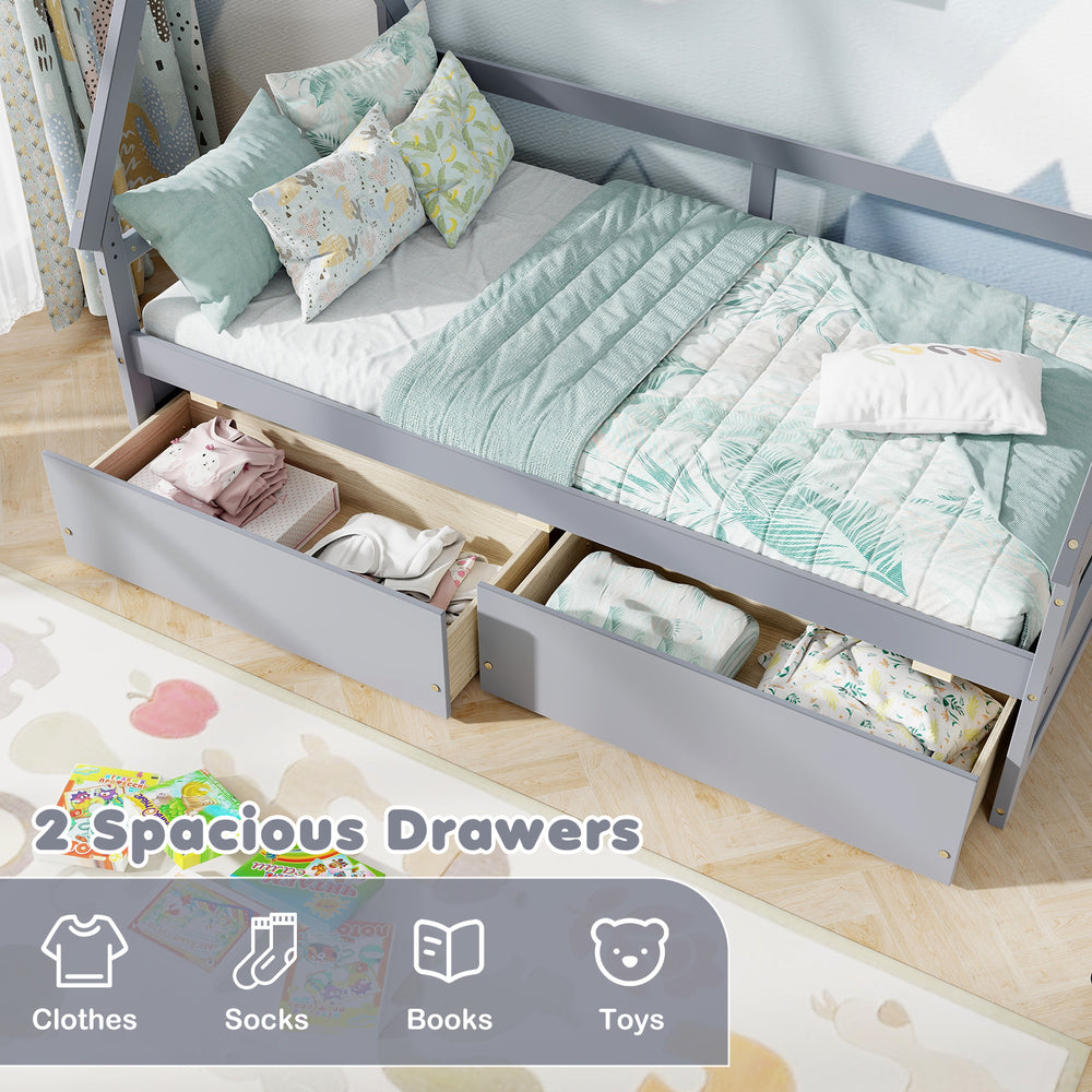 Twin size gray house bed with roof, featuring 2 spacious drawers for clothes and toys, ideal for kids' rooms.