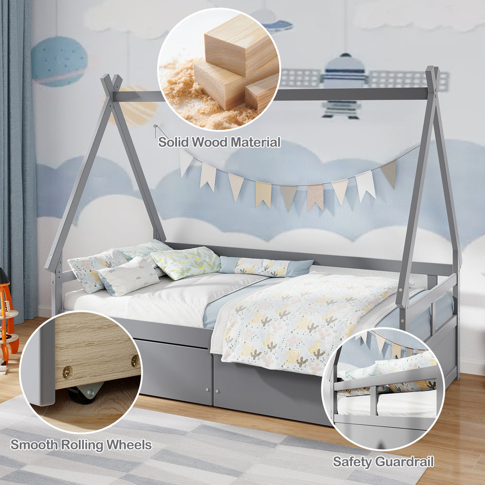 Twin size house bed in gray with roof, safety guardrail, and smooth rolling wheels for convenient storage.
