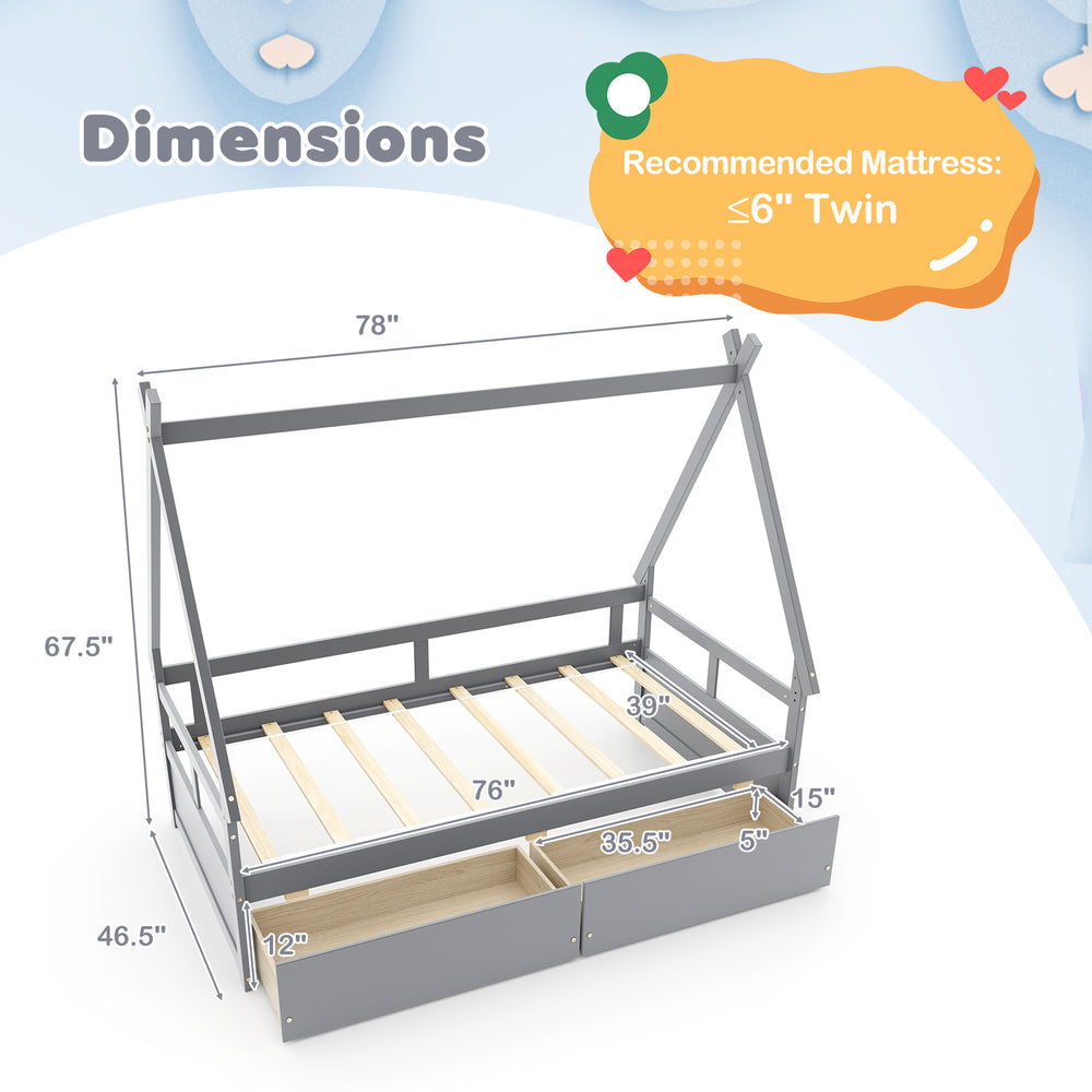 Twin size house bed in gray with roof, safety guardrail, and two spacious drawers for storage. Ideal for kids' rooms.