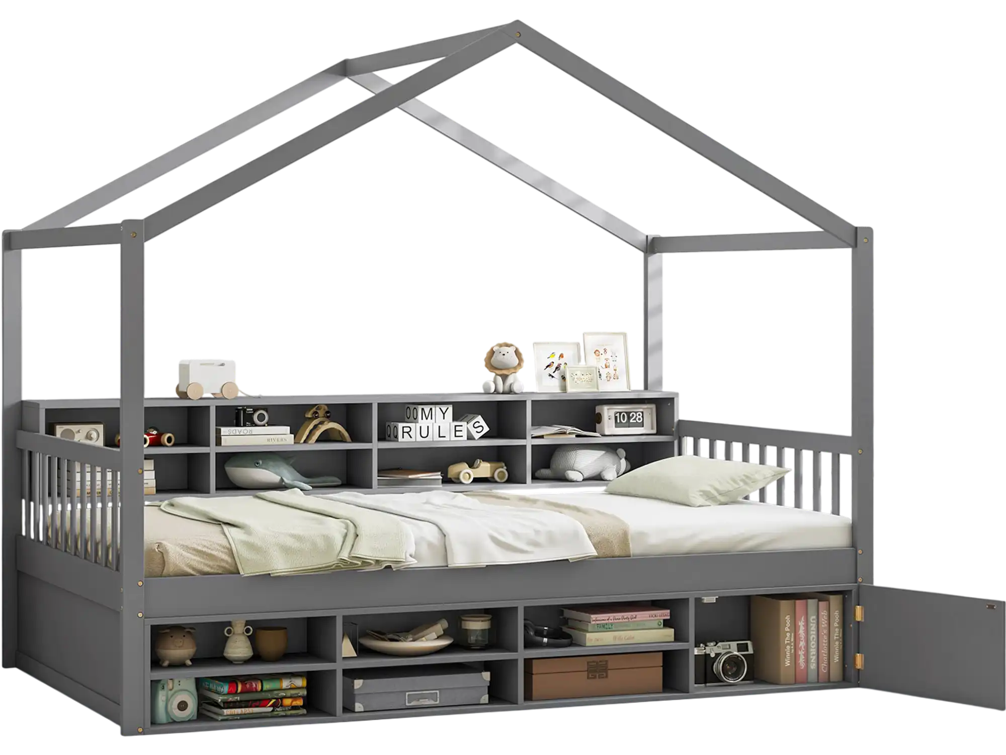 Costway Twin House Bed Frame with Roof 14 Storage Cubes Enclosed Cabinet Gray 94286137 New