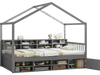 Twin size house bed in gray with roof, featuring 14 storage cubes and an enclosed cabinet for kids' room organization.