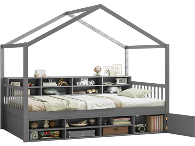 Costway Twin House Bed Frame with Roof 14 Storage Cubes Enclosed Cabinet Gray 94286137 New