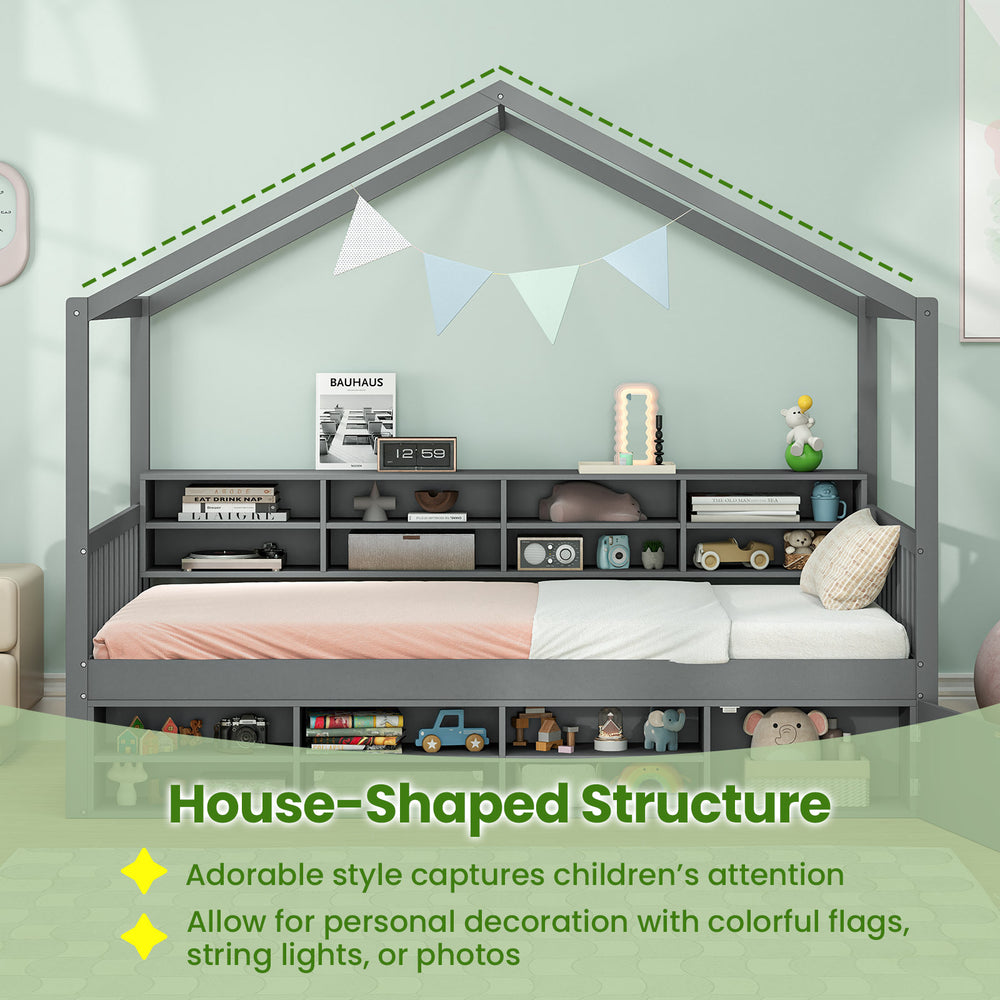 Twin size house bed in gray with roof, featuring 14 storage cubes for toys and books, perfect for children's rooms.
