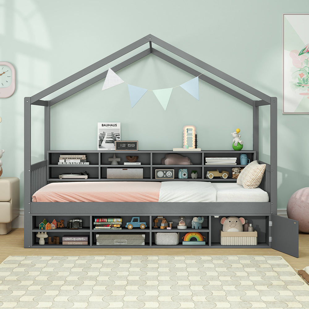 Twin size house bed in gray with roof, featuring 14 storage cubes and an enclosed cabinet for toys and books.