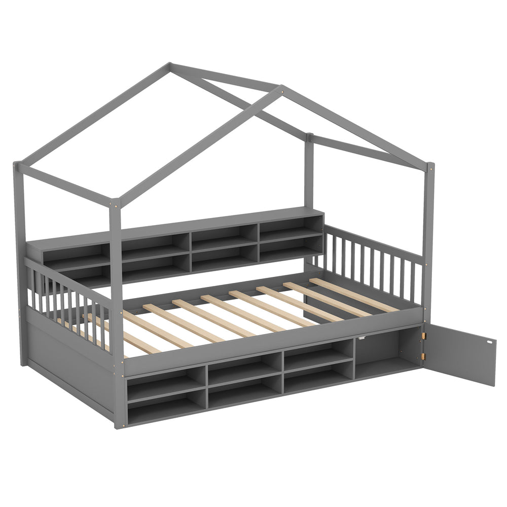 Twin size house bed in gray with roof, featuring 14 storage cubes and an enclosed cabinet for organized children's room.