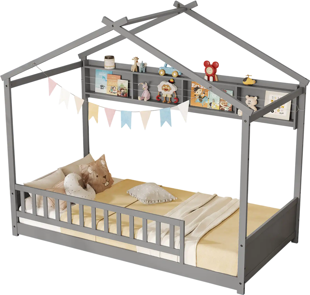 Twin size gray house bed with storage shelf, safety guardrails, and headboard for a creative children's bedroom.