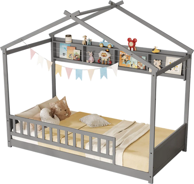 Costway Twin House Bed Frame w/ Storage Shelf Headboard Gray 89367425 New