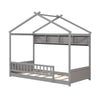Twin size gray house bed with storage shelf, safety guardrails, and solid wood frame for kids' rooms.