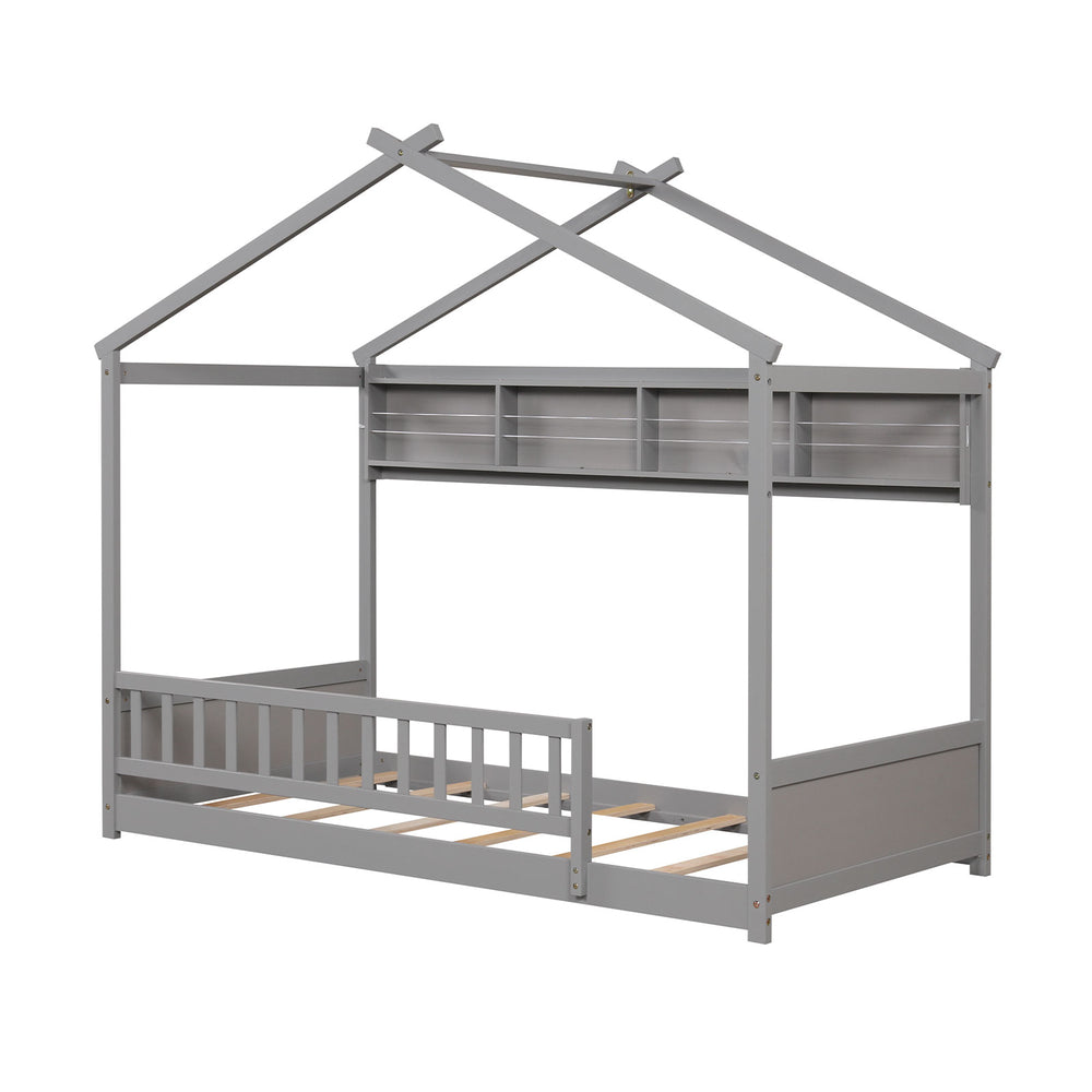 Twin size gray house bed with storage shelf, safety guardrails, and solid wood frame for kids' rooms.
