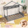 Twin size house bed in gray with storage shelf, solid wood frame, and safety guardrails for secure sleeping.