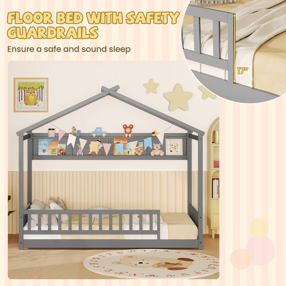 Twin size house bed in gray with safety guardrails and storage shelf for a safe and organized sleep space.