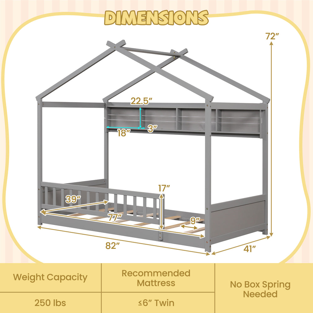 Twin size house bed in gray with storage shelf, headboard, and safety guardrails, designed for safe and stylish sleep.