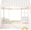 Twin size house bed with trundle in white, featuring a roof, decorative window, and space-saving design for kids' rooms.