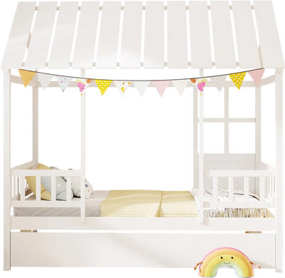 Costway Twin House Bed with Trundle Roof Window White 598742361 New