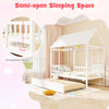 Twin size house bed with roof and trundle, featuring a protective fence and whimsical design for kids' imaginative play.