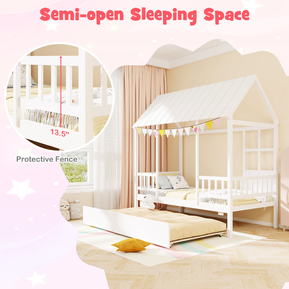Twin size house bed with roof and trundle, featuring a protective fence and whimsical design for kids' imaginative play.