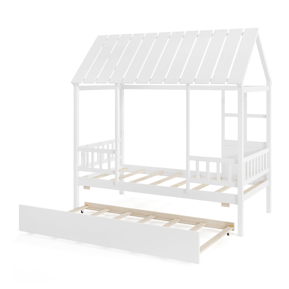 Twin size house bed frame in white, featuring a semi-open design and protective fence for safe, imaginative sleep.