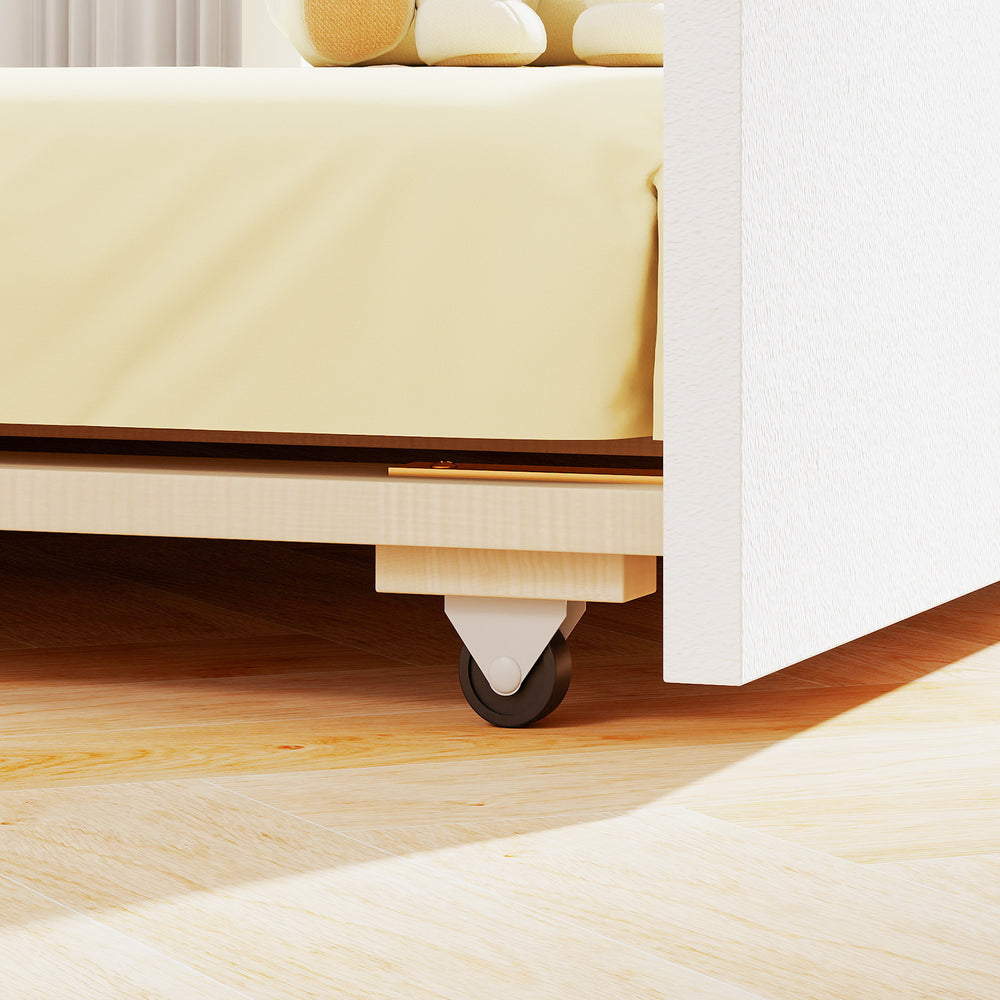 Twin size house bed with trundle, featuring smooth rolling wheels and a whimsical decorative window for imaginative.