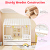 Twin size house bed with roof and trundle, solid pine wood frame, space-saving design for imaginative kids' rooms.