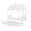 Twin size house bed with trundle in white, featuring a roof and decorative window for imaginative kids' sleeping space.