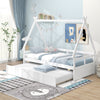 Twin size house bed in white with slide-out trundle and safety guardrail, perfect for sleepovers and space-saving.