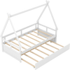 Twin size house bed in white with trundle, safety guardrail, and wooden slat support for sleepovers and space-saving.