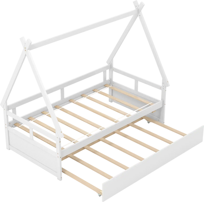 Costway Twin House Bed Frame with Trundle Safety Guardrail 95682743 New