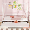 Twin size house bed in white with trundle, safety guardrail, and DIY decor, perfect for sleepovers and space-saving.