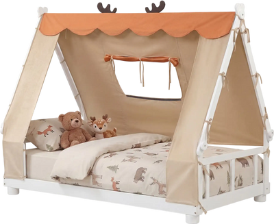 Costway Twin House Floor Wood Bed with Tent 55728377 New