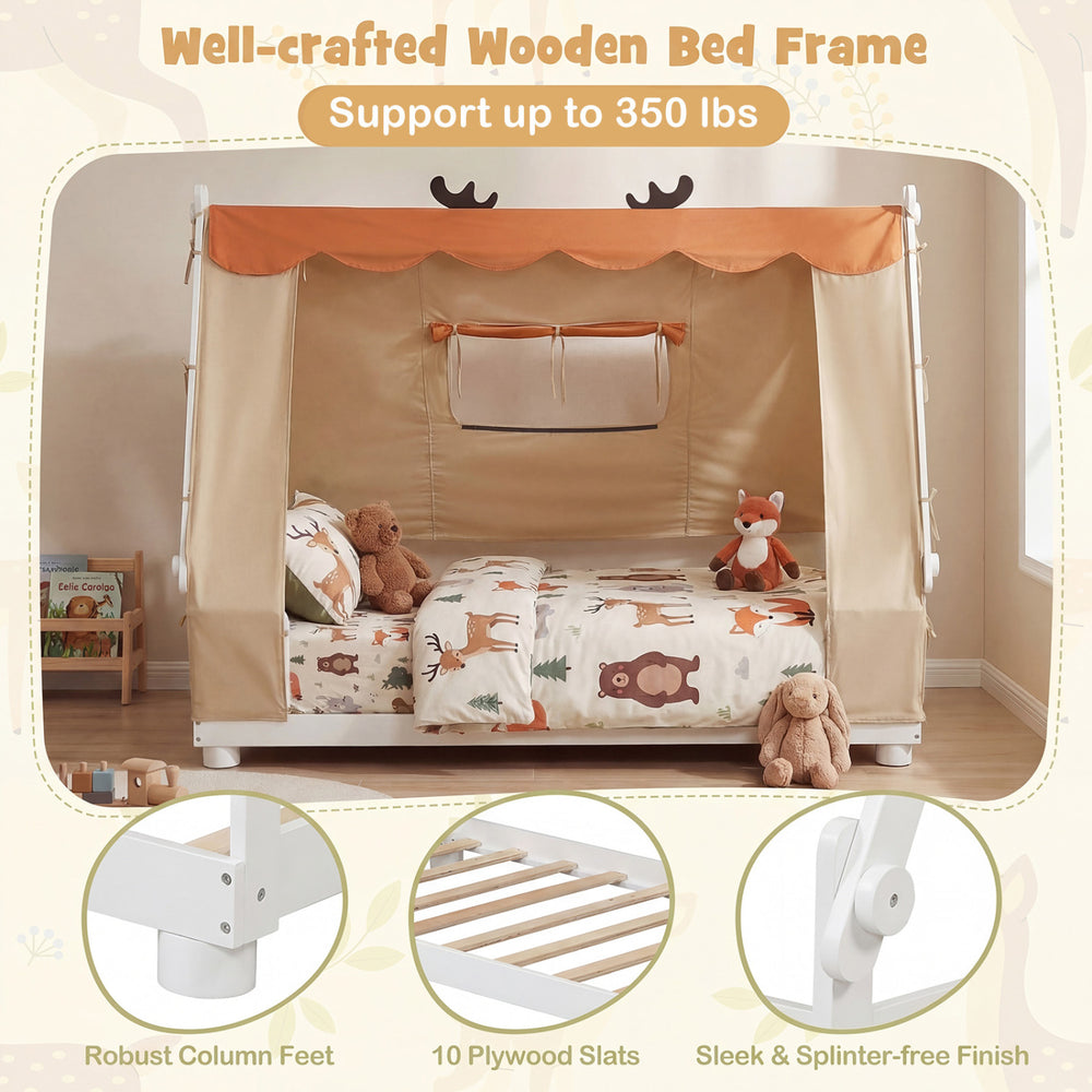 Twin size wooden bed frame with removable tent, antler theme, and protective side rails for children's safety and fun.