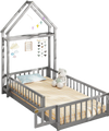 Twin size gray house floor bed with headboard, low design, and guardrails for kids' safety and independence.