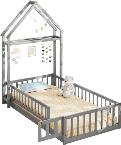Costway Twin House Floor Bed Frame House-Shaped Headboard Gray 654723981 New