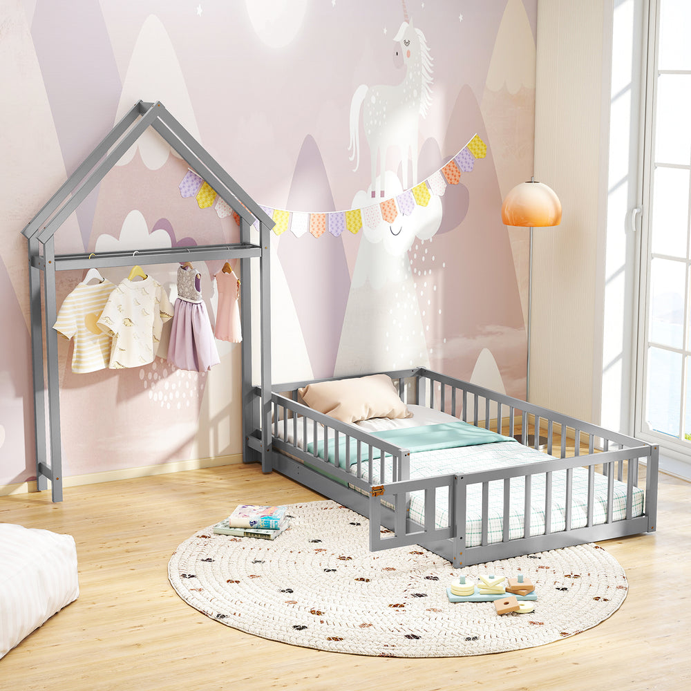 Twin size gray house floor bed with headboard, low-to-ground design, and side drying rack for kids' room decor.