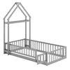 Twin size house floor bed in gray with house-shaped headboard and secure guardrails for children's safety and.