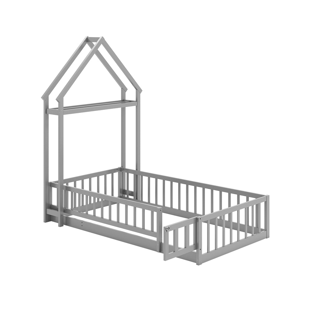 Twin size house floor bed in gray with house-shaped headboard and secure guardrails for kids' independence and safety.