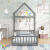Twin size gray house floor bed with house-shaped headboard, low-to-ground design, and secure guardrails for kids'.