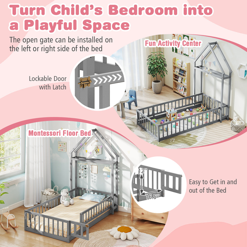 Twin size house floor bed in gray with house-shaped headboard, low design for easy access, and secure guardrails.