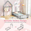 Twin size house floor bed in gray with house-shaped headboard and versatile clothes hanger for kids' room decor.