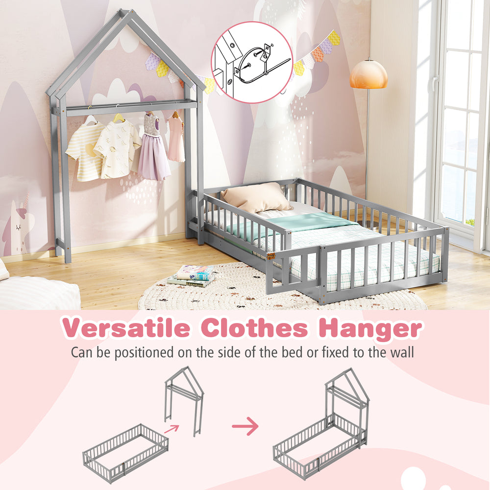 Twin size house floor bed in gray with house-shaped headboard and versatile clothes hanger for kids' room decor.