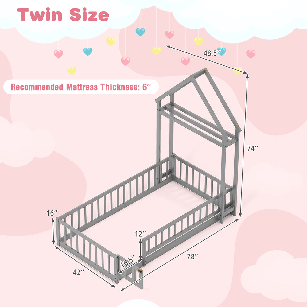 Twin size house floor bed in gray with house-shaped headboard, low-to-ground design, and secure guardrails for kids.
