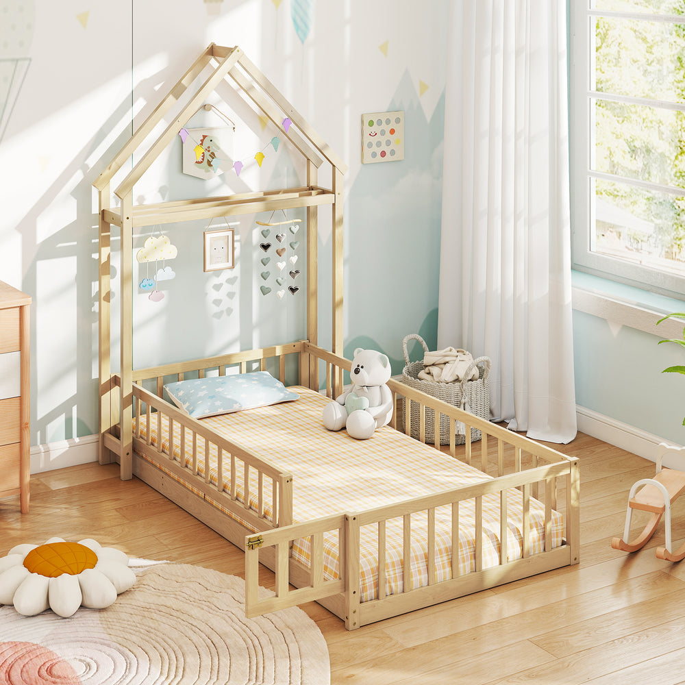 Twin Size House Floor Bed with House-shaped Headboard-Natural - Gallery View 1 of 10