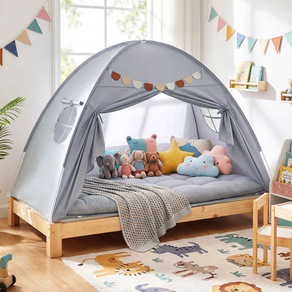 Twin size indoor canopy tent for kids in grey, featuring windows and curtains, perfect for playrooms or bedrooms.
