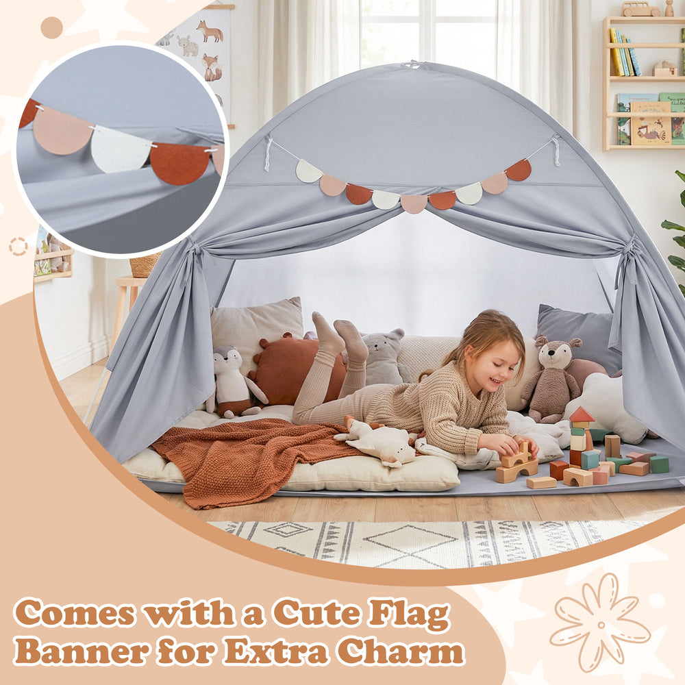 Twin size grey indoor canopy tent for kids with flag banner, featuring 2 windows and spacious design for playtime fun.