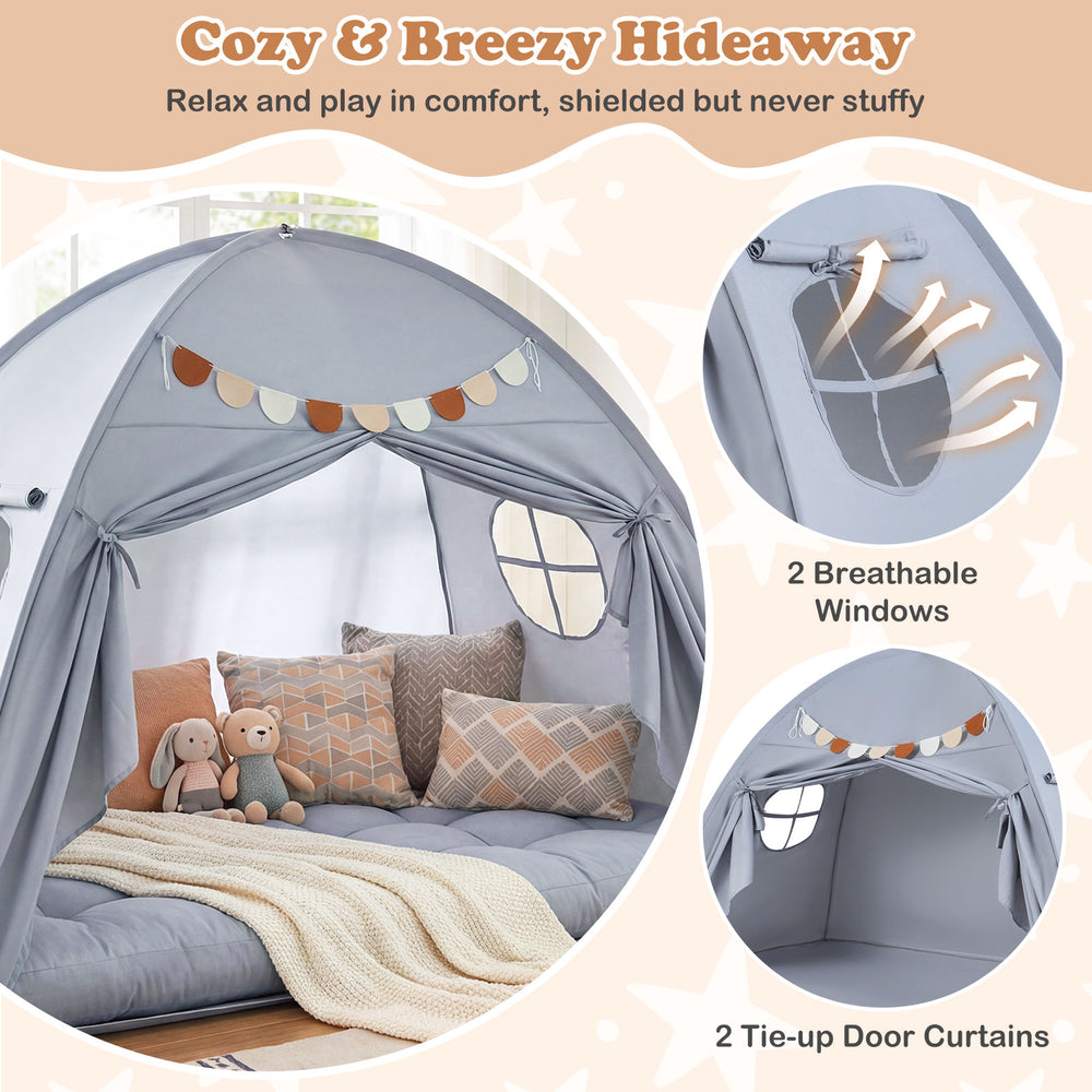 Twin size indoor canopy tent in grey with breathable windows and door curtains, perfect for kids' playtime and cozy.