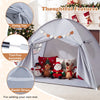 Twin size indoor canopy tent in grey with two windows, fixing ties, and elastic straps for kids' play and relaxation.