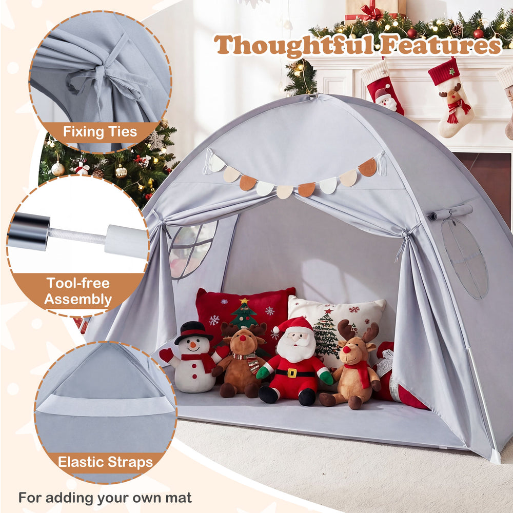 Twin size indoor canopy tent in grey with two windows, fixing ties, and elastic straps for kids' play and relaxation.