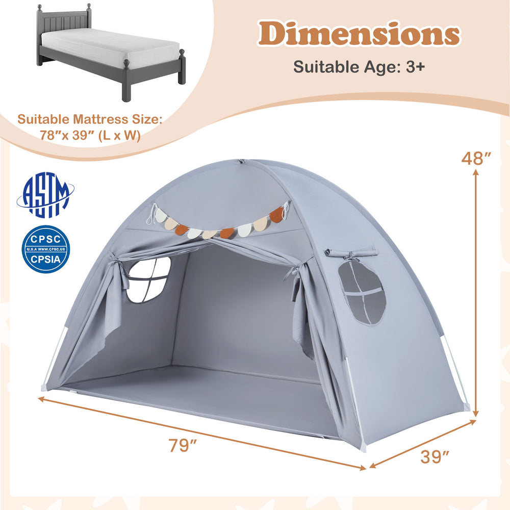 Twin size indoor canopy tent for kids in grey, featuring 2 windows and spacious 79" x 39" x 48" design for playtime fun.