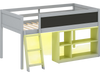 Twin size gray kids loft bed with removable bookcase, LED lights, and integrated chalkboard for creative play.