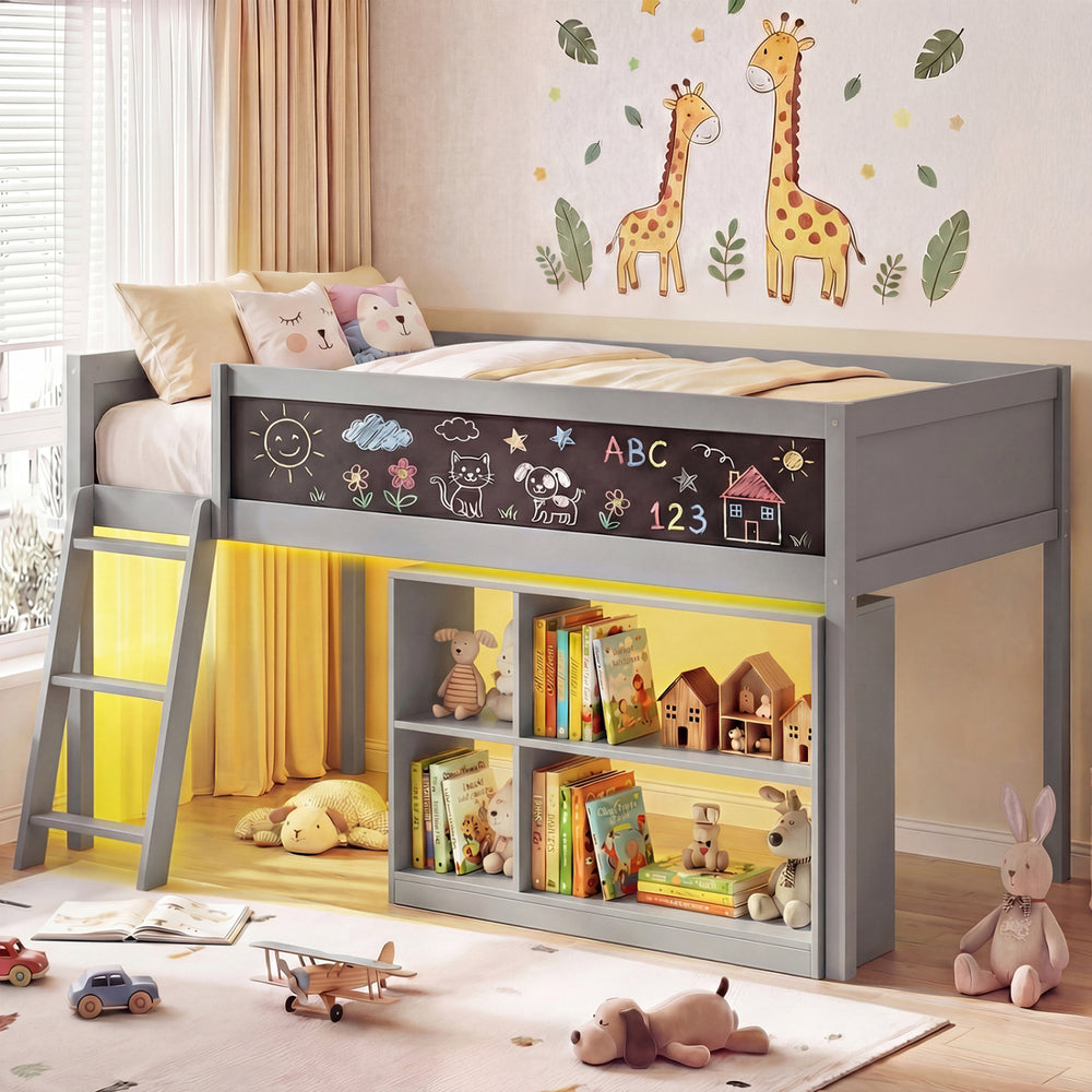 Twin size kids loft bed in gray with LED lights, removable bookcase, and chalkboard for creative play and storage.